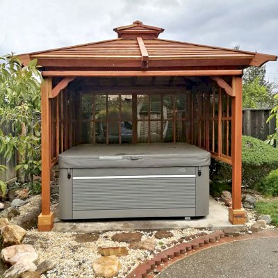 Hot Tub Enclosure Kits / Hot Tub Pavilion (Options: 9' x 9', California Redwood, Without Skylight, Sliding Windows on 3 Sides, 32" H Windows Clearance, 1 Curtain Rod, 4-Post Anchor Kit for Concrete, Transparent Premium Sealant). Photo Courtesy of A. Lin of Sunnyvale, California.